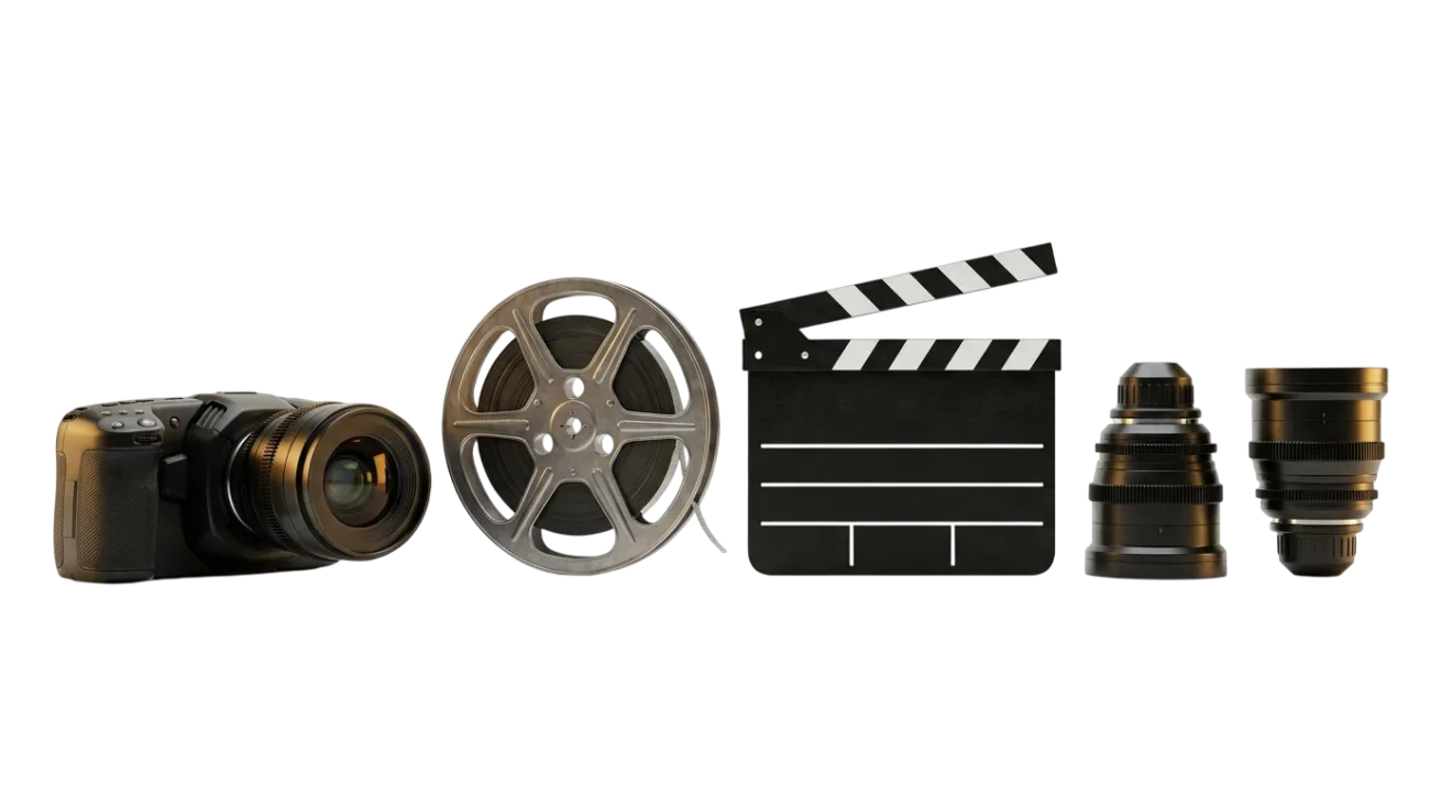 Professional cinema camera, film reel, clapperboard and lenses – wedding video editing gear