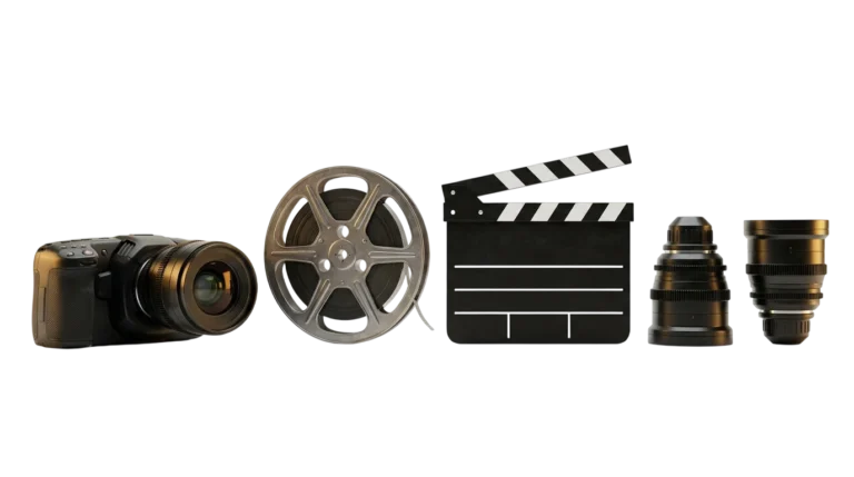 Professional cinema camera, film reel, clapperboard and lenses – wedding video editing gear