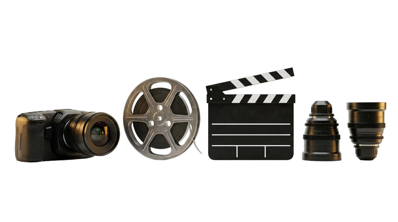 Professional cinema camera, film reel, clapperboard and lenses – wedding video editing gear