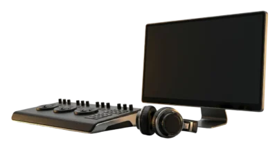 Color grading panel, headphones and reference monitor – professional video editing suite