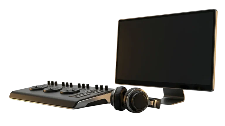 Color grading panel, headphones and reference monitor – professional video editing suite