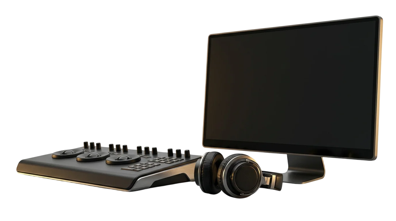 Color grading panel, headphones and reference monitor – professional video editing suite