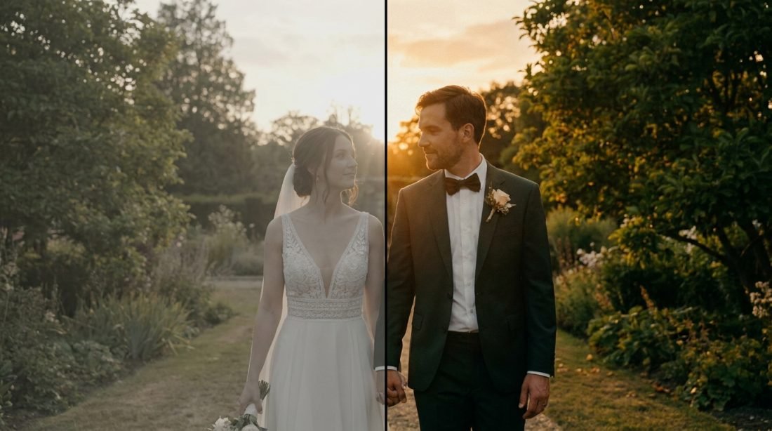 Split screen comparison of flat ungraded footage and cinematic color grade