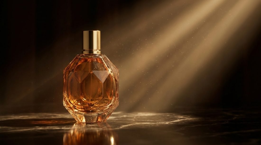 Luxury perfume bottle commercial film still with golden light