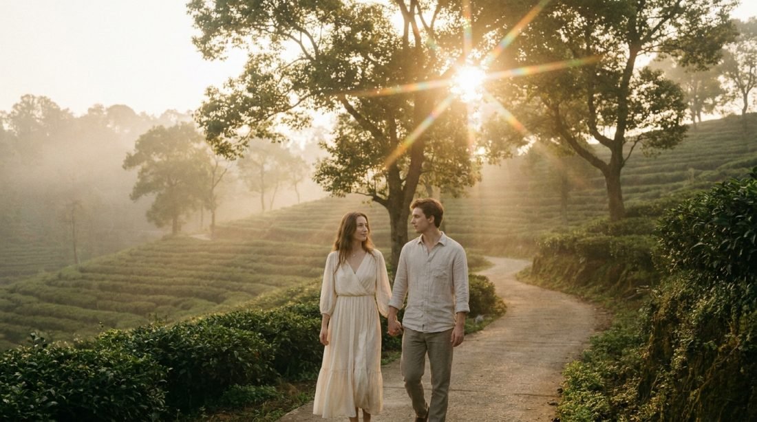 Couple walking through misty tea garden at golden hour