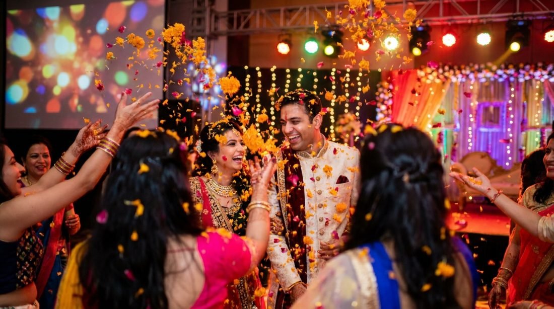 High energy wedding sangeet celebration with flower petals
