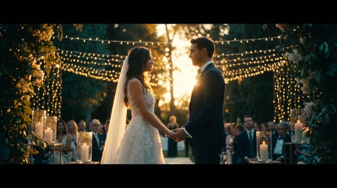 Cinematic wedding film still – couple at candle-lit evening ceremony