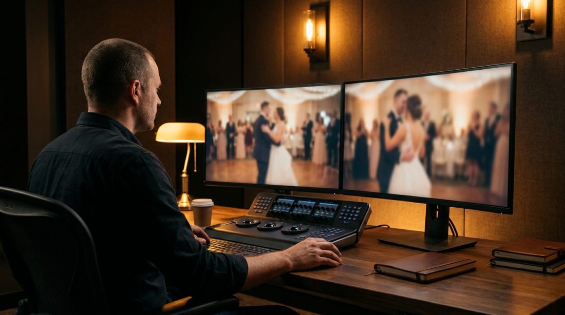 Professional video editor color grading a wedding film in a premium editing suite